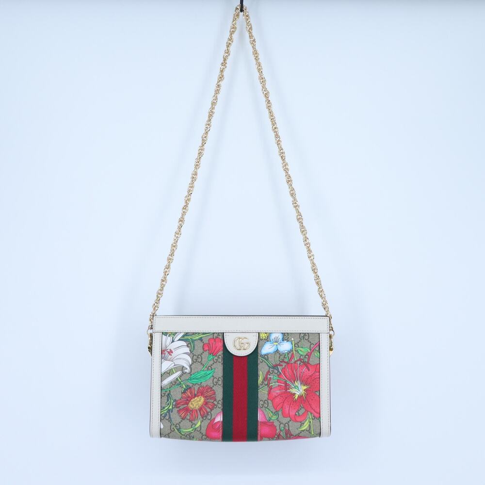 Gucci Ophidia GG Flora Chain Shoulder Bag Beige Coated Canvas Crossbody